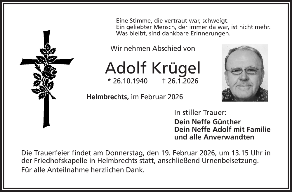 Traueranzeige für Adolf Krügel vom 14.02.2026 aus Frankenpost