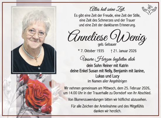 Traueranzeige von Anneliese Wenig von Südthüringer Presse