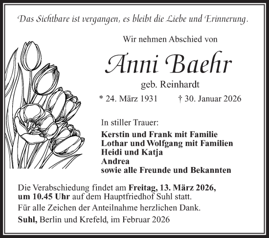 Traueranzeige von Anni Baehr von Südthüringer Presse