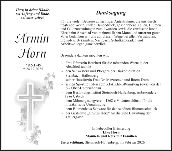 Traueranzeige von Armin Horn von Südthüringer Presse