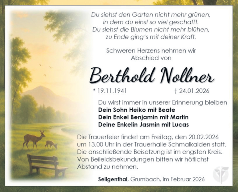  Traueranzeige für Berthold Nollner vom 14.02.2026 aus Südthüringer Presse