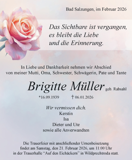 Traueranzeige von Brigitte Müller von Südthüringer Presse