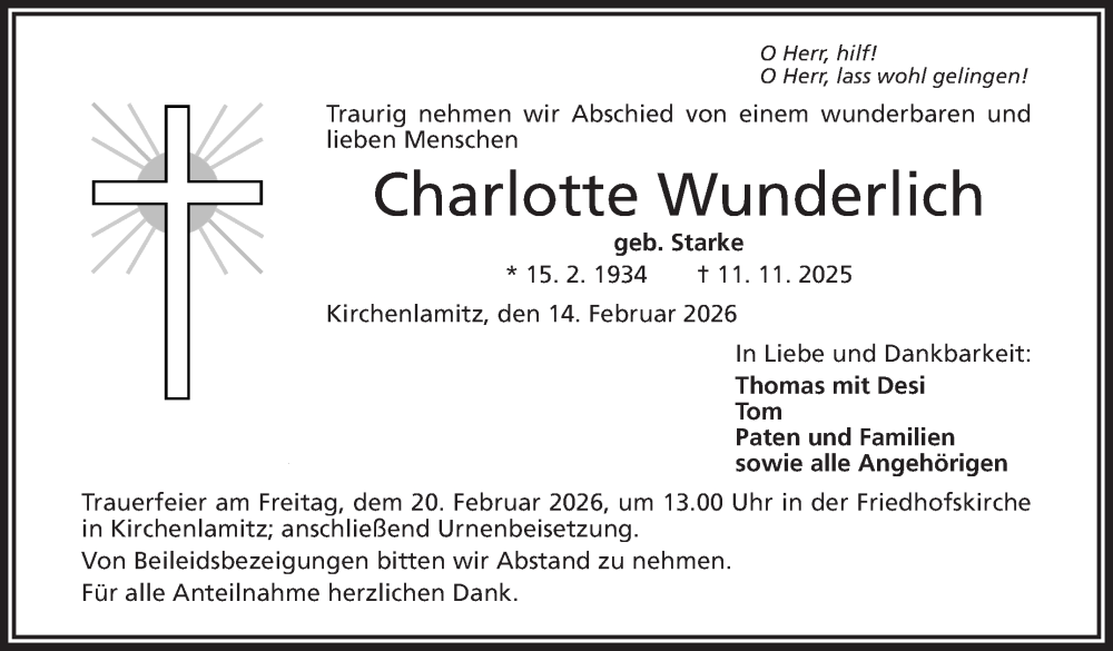  Traueranzeige für Charlotte Wunderlich vom 14.02.2026 aus Frankenpost