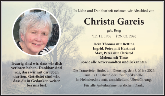Traueranzeige von Christa Gareis von Frankenpost