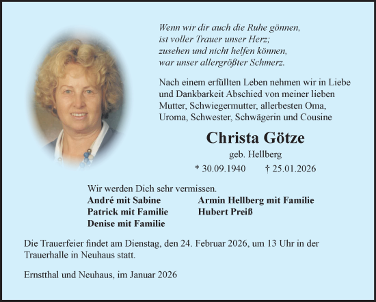 Traueranzeige von Christa Götze von Südthüringer Presse