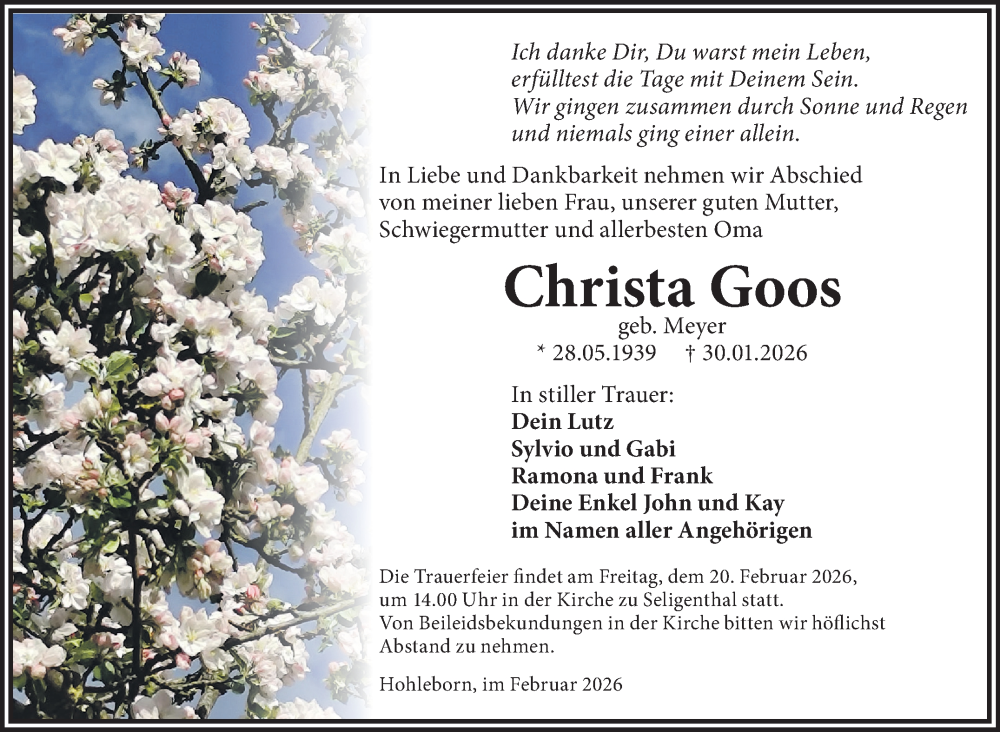  Traueranzeige für Christa Goos vom 07.02.2026 aus Südthüringer Presse