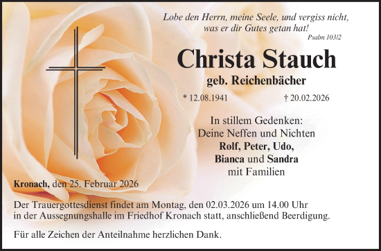 Traueranzeige von Christa Stauch von Neue Presse Coburg