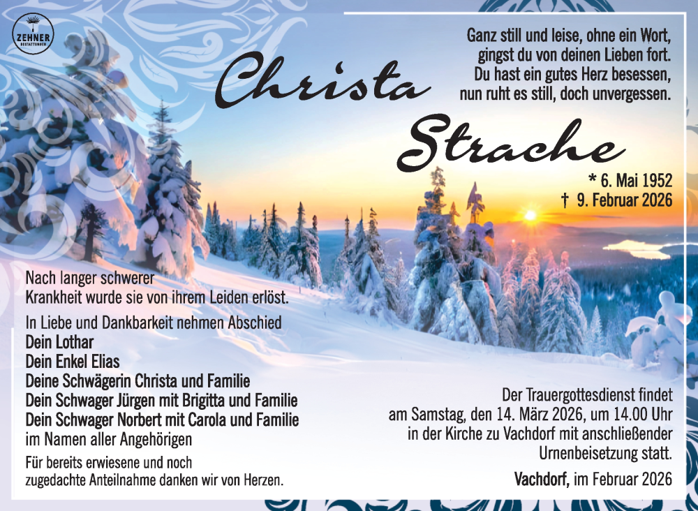  Traueranzeige für Christa Strache vom 14.02.2026 aus Südthüringer Presse