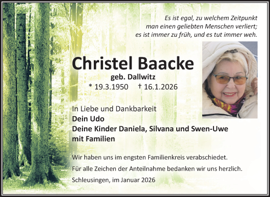 Traueranzeige von Christel Baacke von Südthüringer Presse