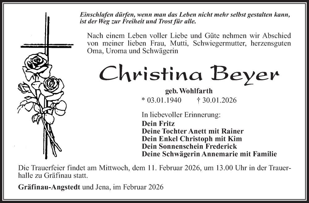  Traueranzeige für Christina Beyer vom 07.02.2026 aus Südthüringer Presse