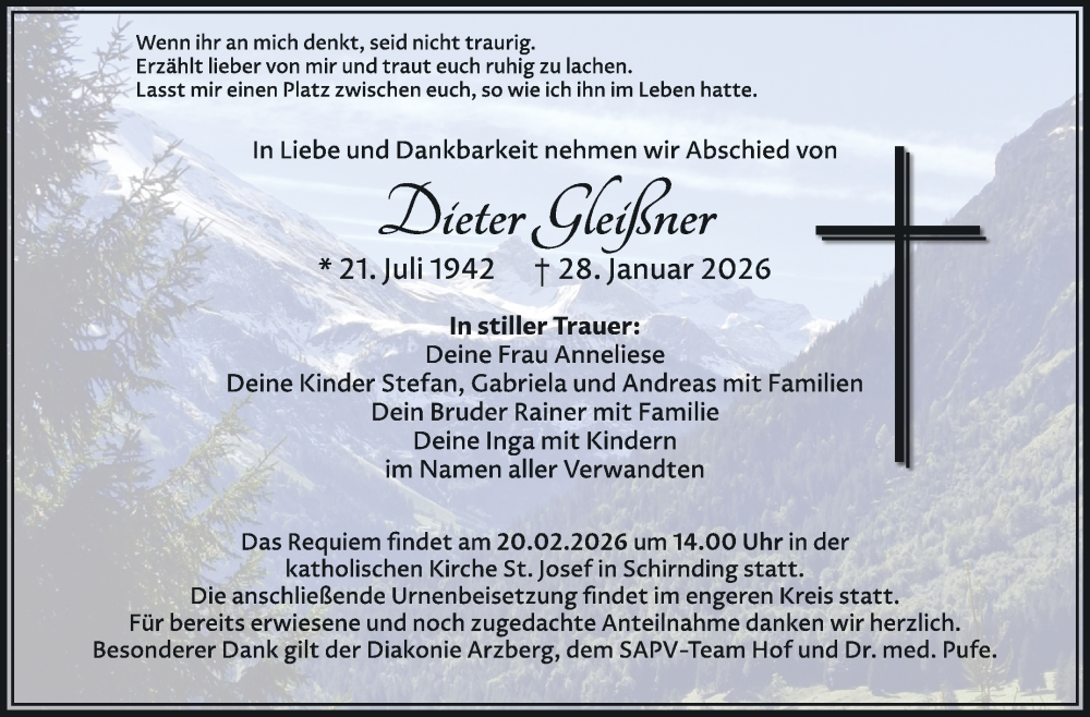  Traueranzeige für Dieter Gleißner vom 14.02.2026 aus Frankenpost