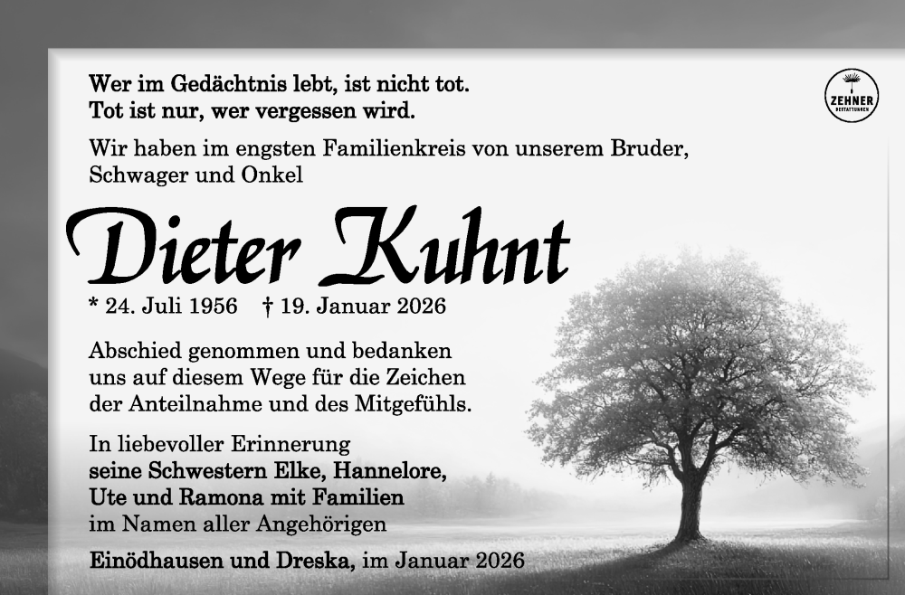  Traueranzeige für Dieter Kuhnt vom 14.02.2026 aus Südthüringer Presse
