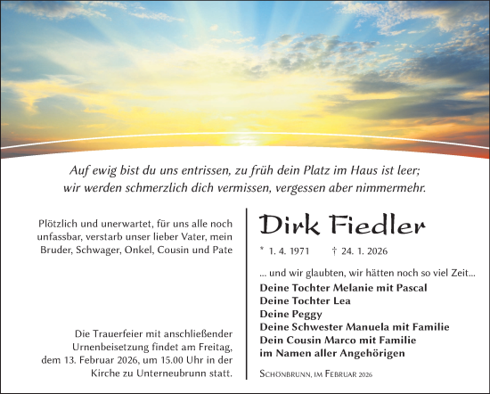 Traueranzeige von Dirk Fiedler von Südthüringer Presse