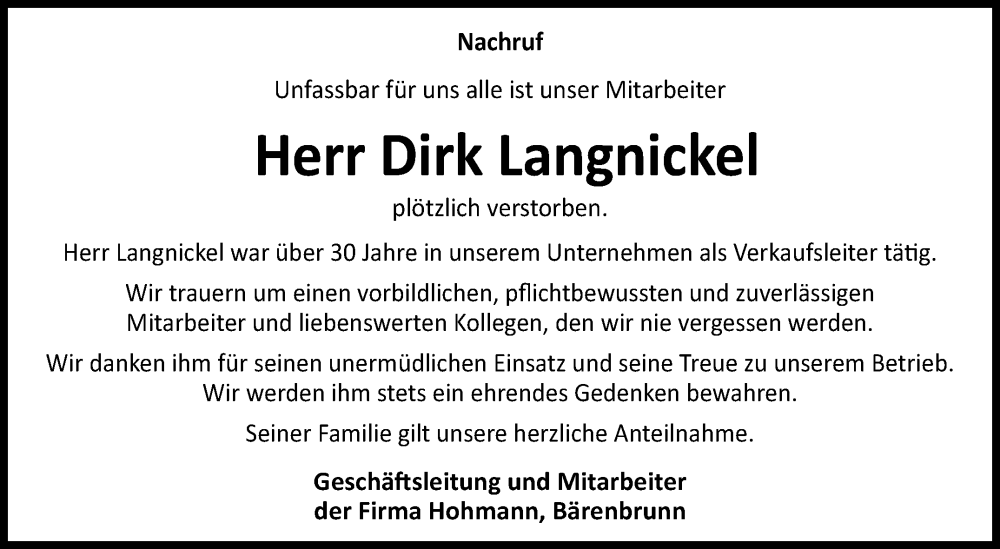  Traueranzeige für Dirk Langnickel vom 07.02.2026 aus Frankenpost