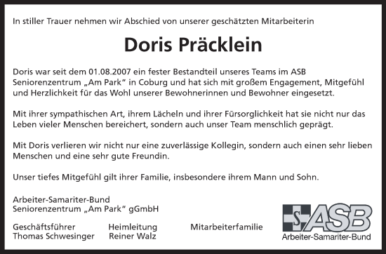 Traueranzeige von Doris Präcklein von Neue Presse Coburg
