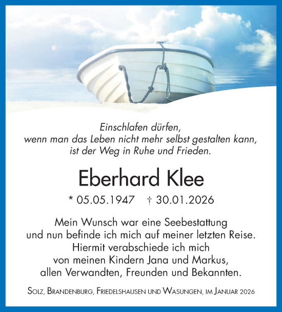 Traueranzeige von Eberhard Klee von Südthüringer Presse