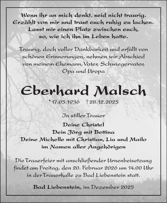 Traueranzeige von Eberhard Malsch von Südthüringer Presse