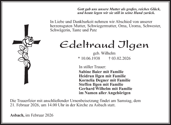 Traueranzeige von Edeltraud Ilgen von Südthüringer Presse