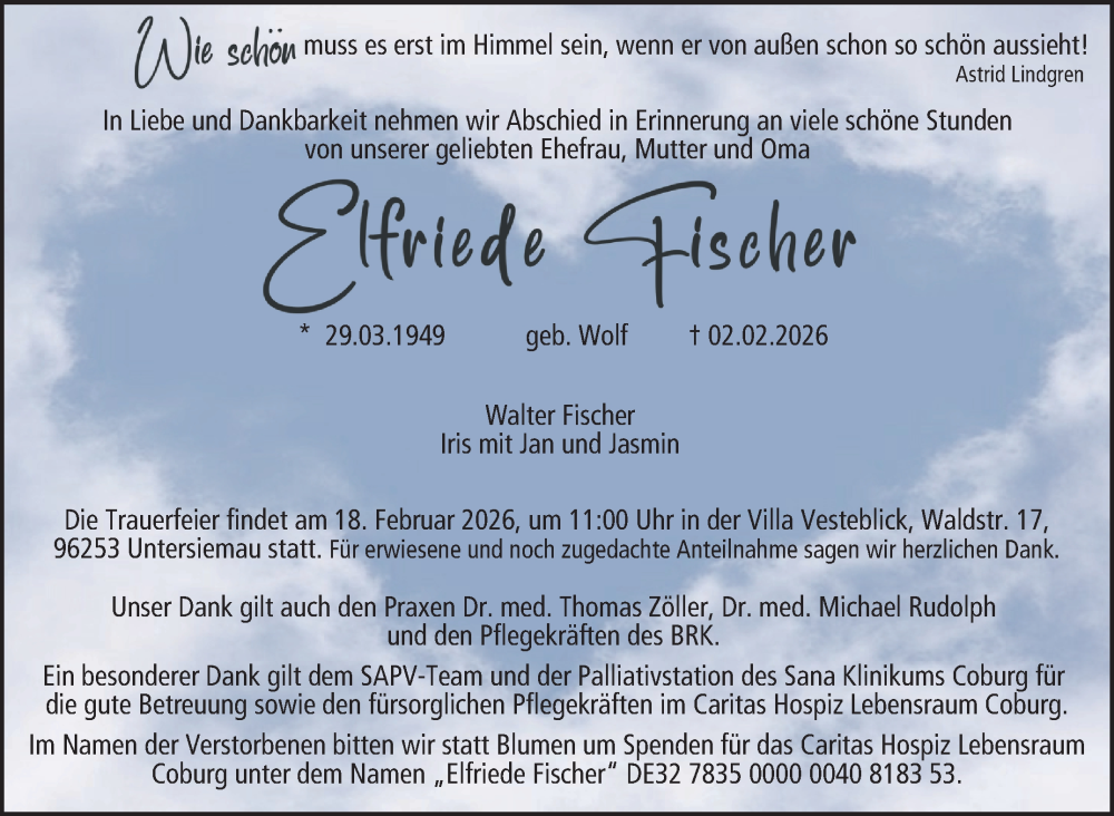  Traueranzeige für Elfriede Fischer vom 07.02.2026 aus Neue Presse Coburg