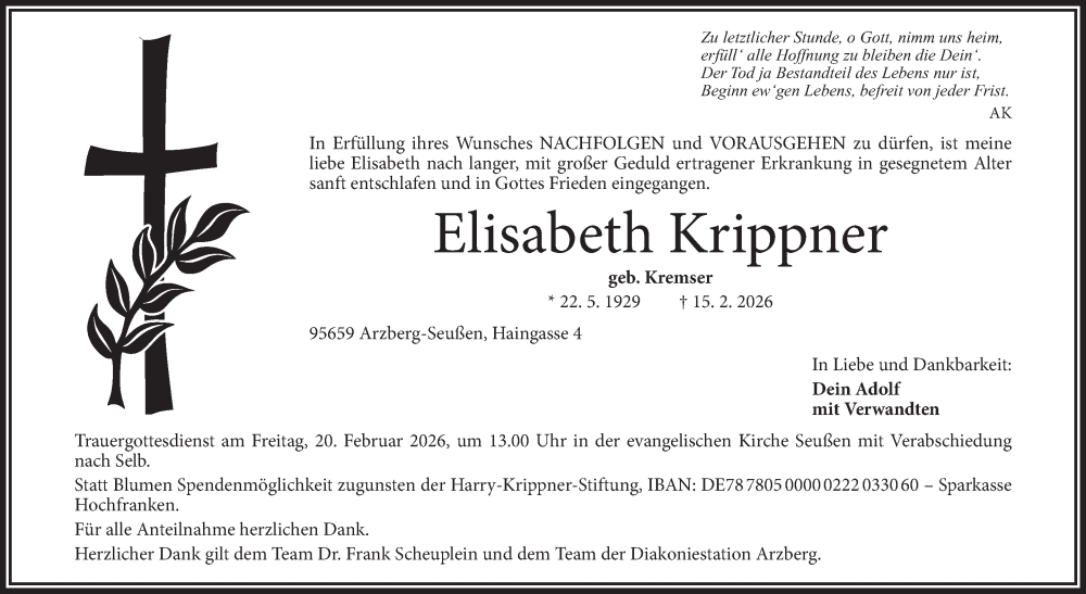  Traueranzeige für Elisabeth Krippner vom 17.02.2026 aus Frankenpost