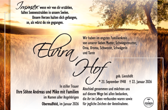 Traueranzeige von Elvira Hof von Südthüringer Presse