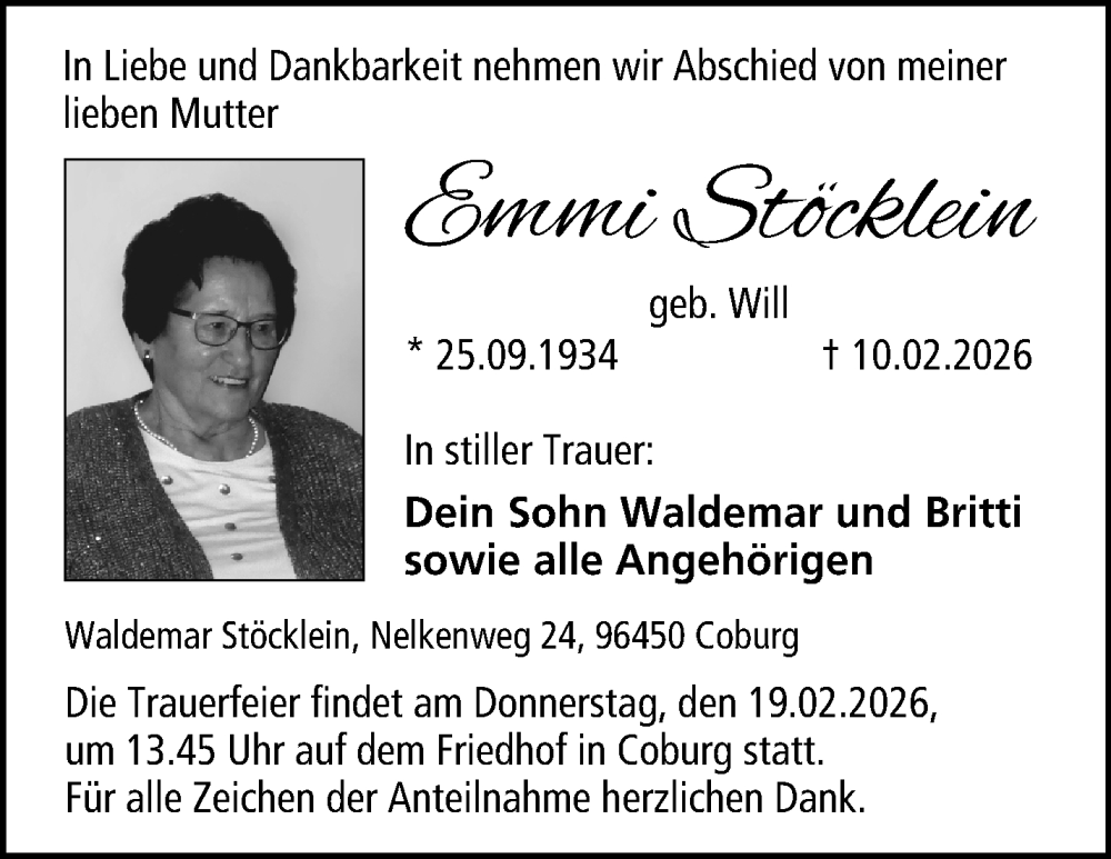  Traueranzeige für Emmi Stöcklein vom 14.02.2026 aus Neue Presse Coburg