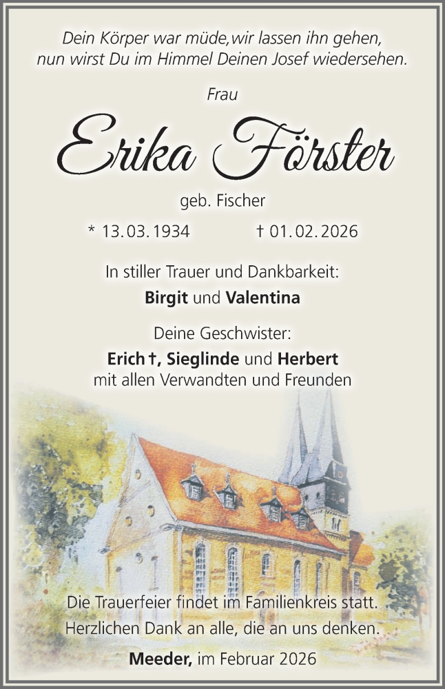  Traueranzeige für Erika Förster vom 07.02.2026 aus Neue Presse Coburg