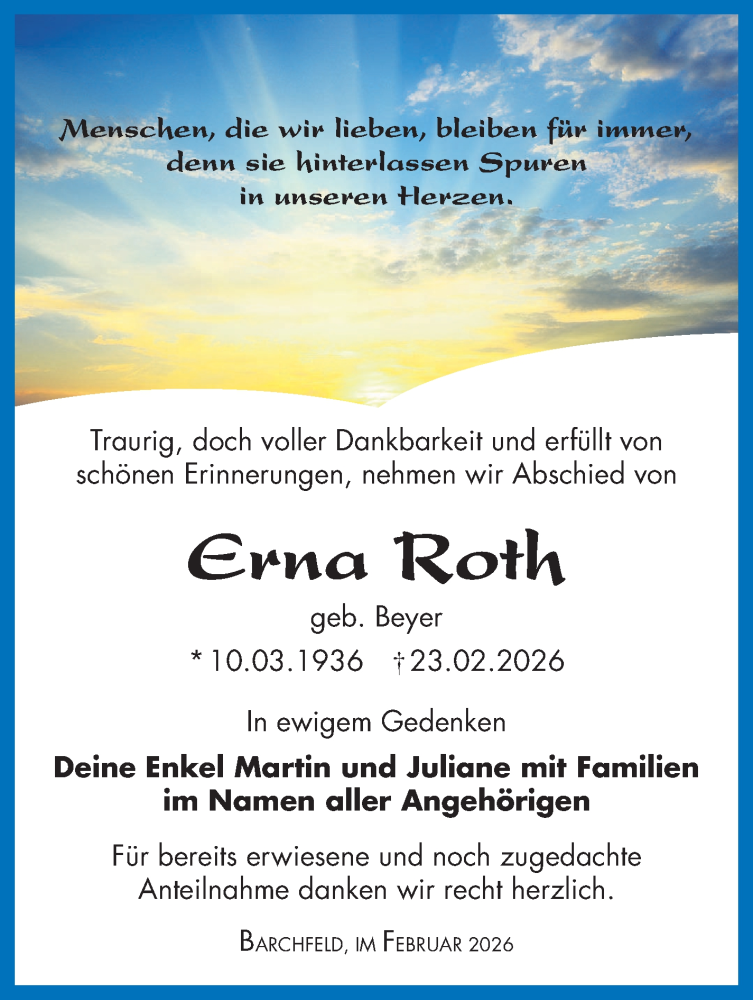  Traueranzeige für Erna Roth vom 28.02.2026 aus Südthüringer Presse