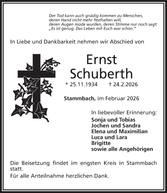Traueranzeige von Ernst Schuberth von Frankenpost