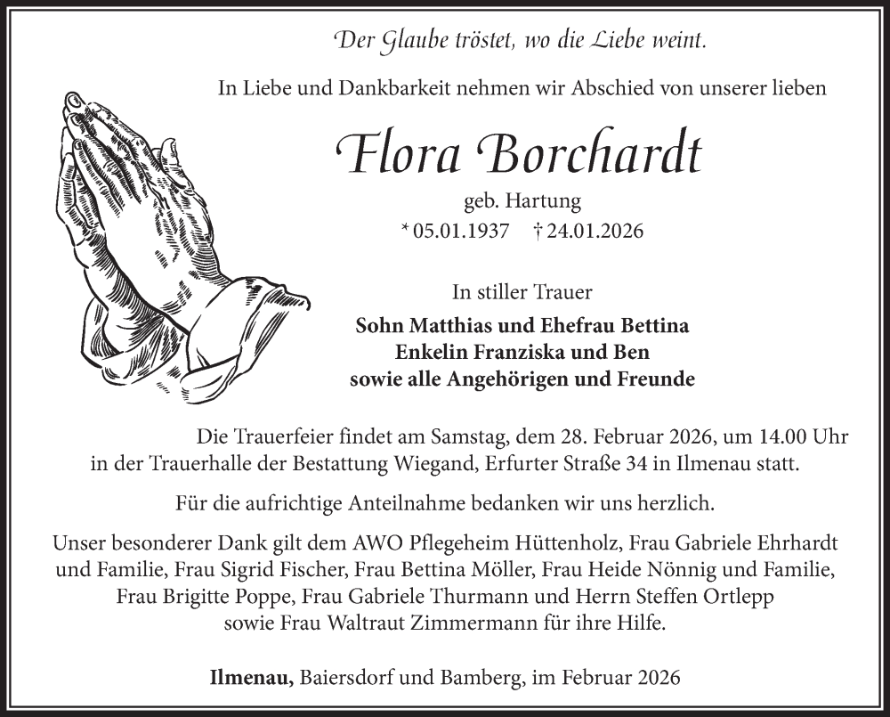  Traueranzeige für Flora Borchardt vom 14.02.2026 aus Südthüringer Presse