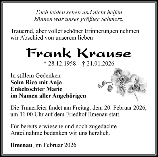 Traueranzeige von Frank Krause von Südthüringer Presse