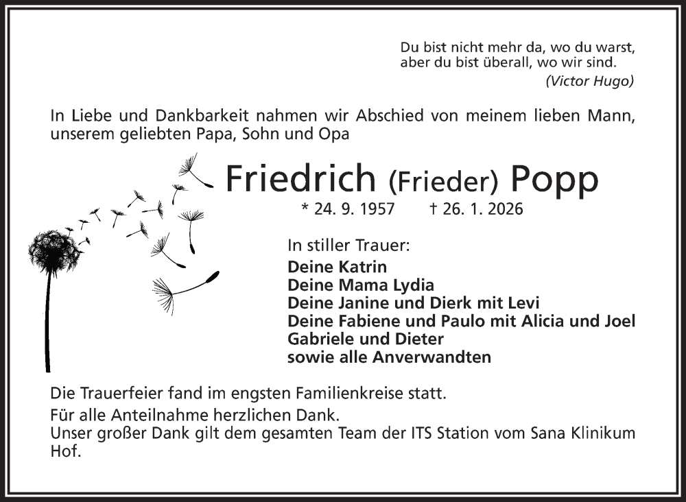  Traueranzeige für Friedrich Popp vom 14.02.2026 aus Frankenpost