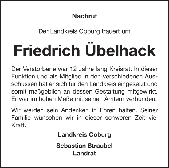Traueranzeige von Friedrich Übelhack von Neue Presse Coburg