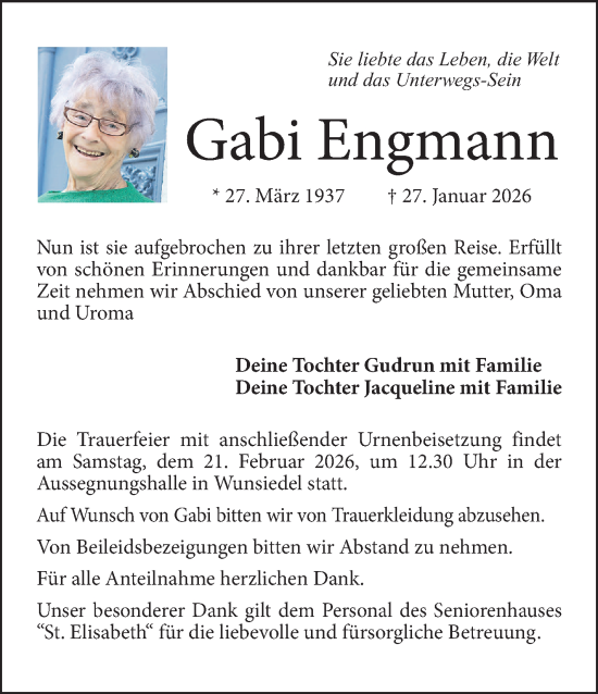 Traueranzeige von Gabi Engmann von Frankenpost