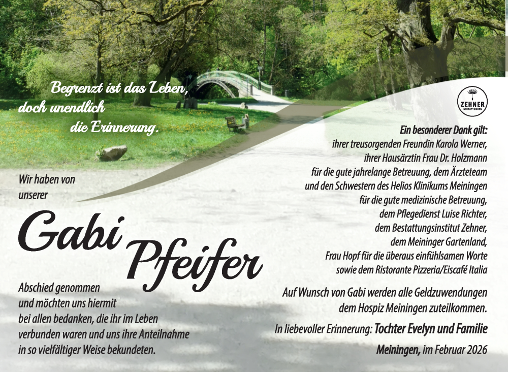  Traueranzeige für Gabriele Pfeifer vom 14.02.2026 aus Südthüringer Presse