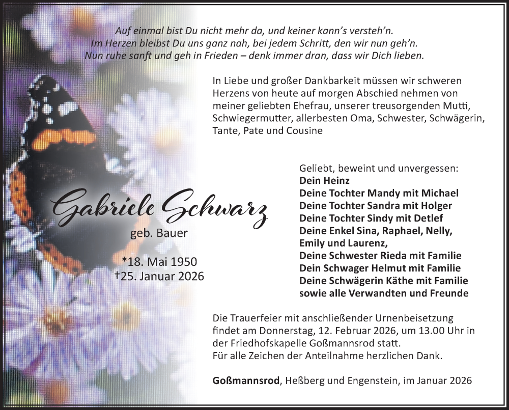  Traueranzeige für Gabriele Schwarz vom 07.02.2026 aus Südthüringer Presse