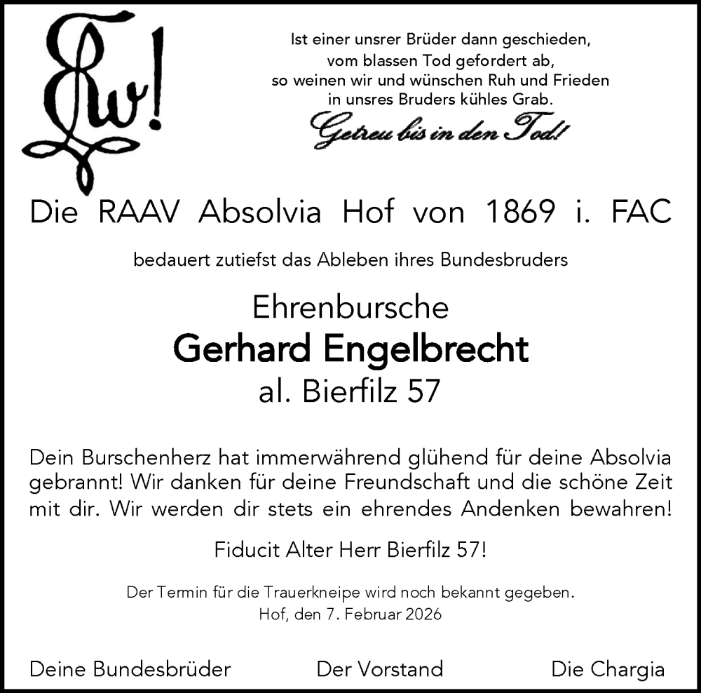  Traueranzeige für Gerhard Engelbrecht vom 07.02.2026 aus Frankenpost