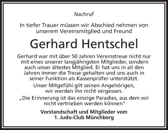 Traueranzeige von Gerhard Hentschel von Frankenpost