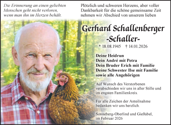 Traueranzeige von Gerhard Schallberger von Südthüringer Presse