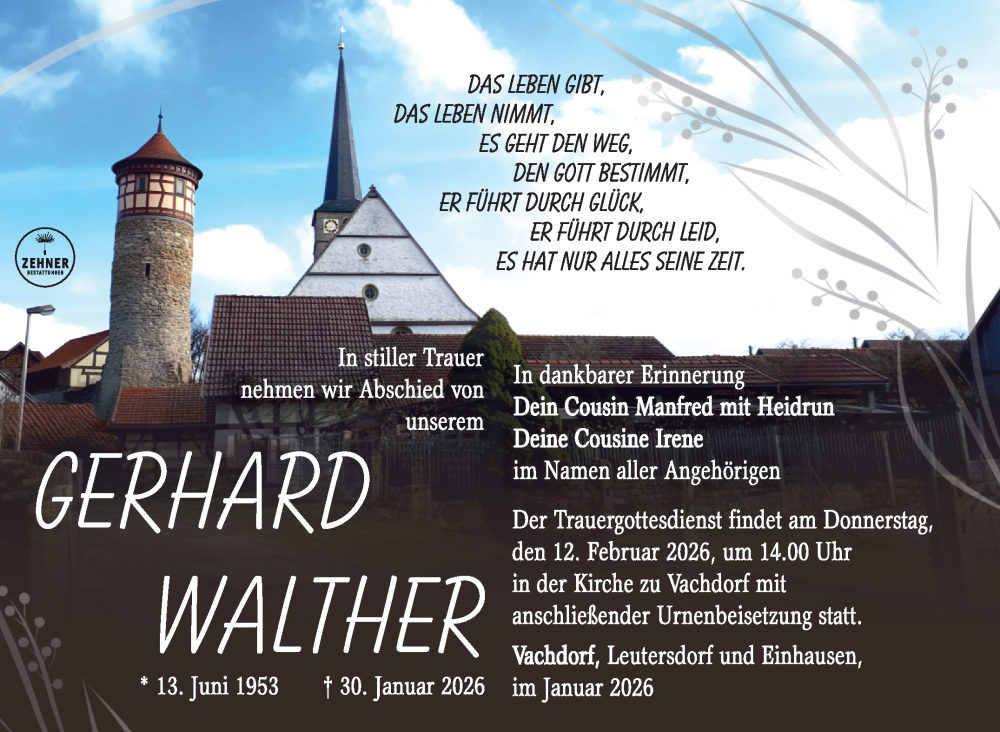  Traueranzeige für Gerhard Walther vom 07.02.2026 aus Südthüringer Presse