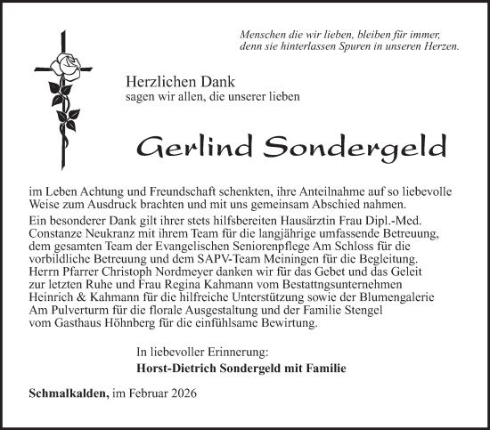 Traueranzeige von Gerlind Sondergeld von Südthüringer Presse