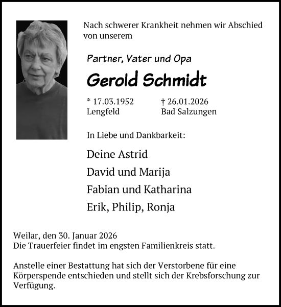 Traueranzeige von Gerold Schmidt von Südthüringer Presse