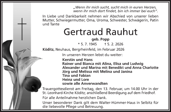 Traueranzeige von Gertraud Rauhut von Frankenpost