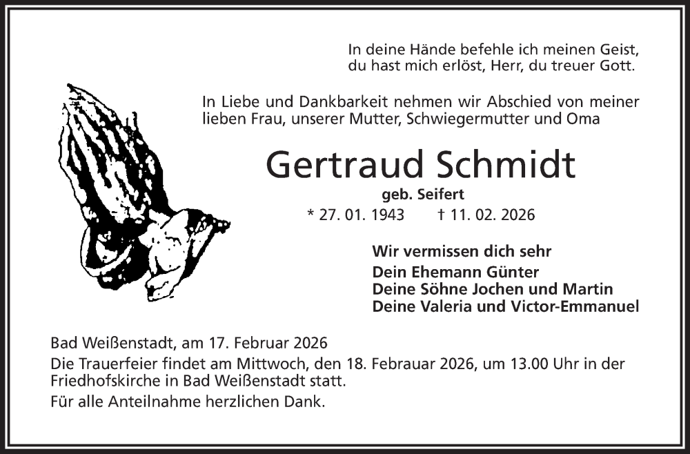  Traueranzeige für Gertraud Schmidt vom 17.02.2026 aus Frankenpost