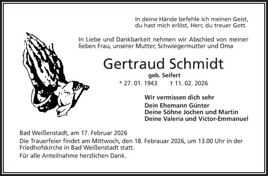 Traueranzeige von Gertraud Schmidt von Frankenpost