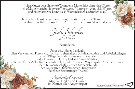 Traueranzeige von Gisela Schreiber von Südthüringer Presse