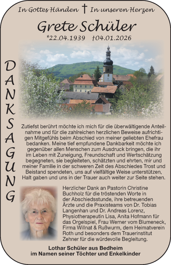 Traueranzeige von Grete Schüler von Südthüringer Presse