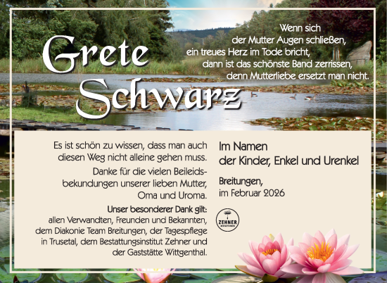Traueranzeige von Grete Schwarz von Südthüringer Presse