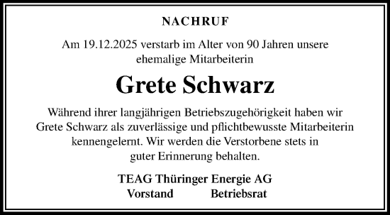 Traueranzeige von Grete Schwarz von Südthüringer Presse