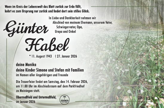Traueranzeige von Günter Habel von Südthüringer Presse